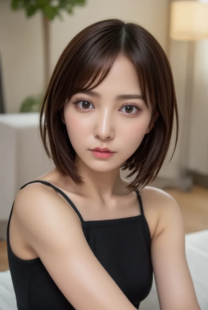 masterpiece、Highest quality、High resolution、Tabletop、wallpaper、Realistic、Bright lighting、Professional Lighting、Face Light、Smooth lighting、Japanese women、Adult、Beautiful woman、action、gravure、sexy、poor、so beautiful、Beautiful Skin、Beautiful and detailed、Detailed face、slim、moderately、short hair、Brunette Hair、Brown eyes、Looking at the camera、I have a sax、Random hooker