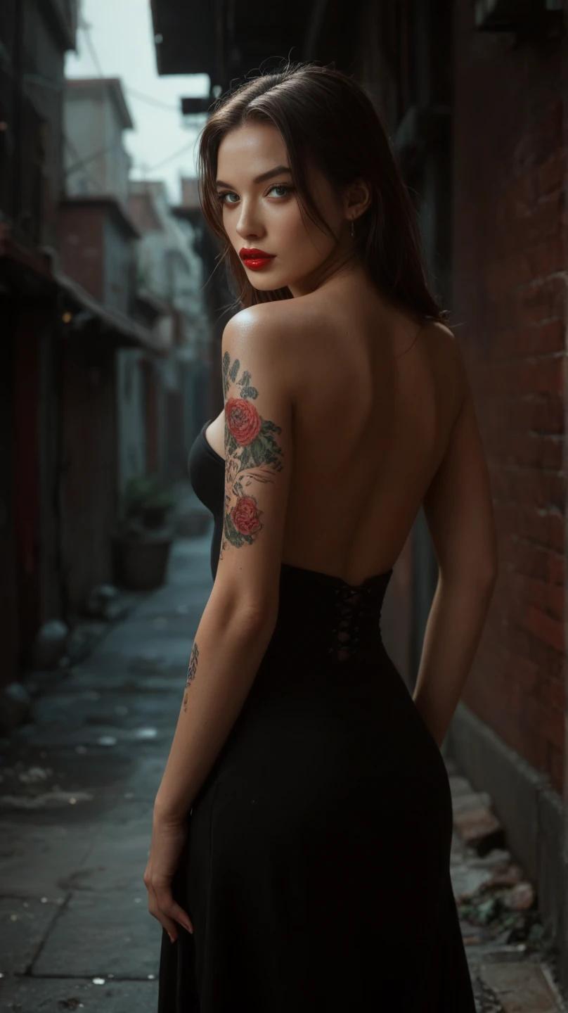 tattoo girl, very beautiful, murderous, handsome man, betrayal, anger, dark background, 8K, dynamic wallpaper, very delicate, very dense, (red summer dress), decolt, natural titts, brown eyes,