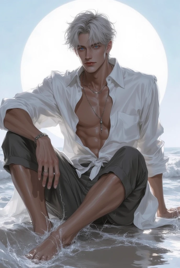 A skinny young man with white hair, green eyes, spiked hair, wearing grey pants, shirtless, sleeping on the floor of a pirate ship, top view, masterpiece, 8k, detailed art