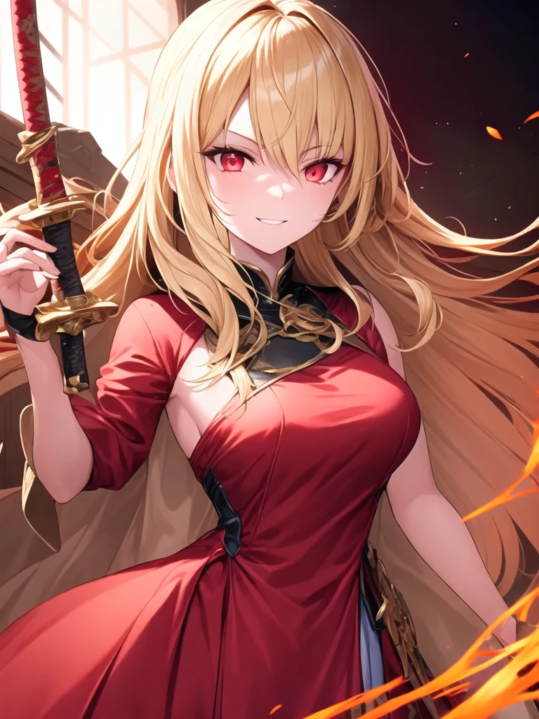 One , long blond hair, wearing a necklace with a red stone, campaign, playing outside