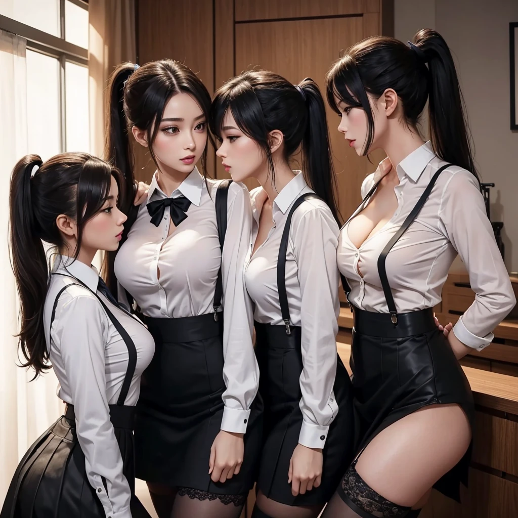 Three 20 year old girls, blonde hair, white shirt, deep V neckline, empty classroom, BDSM, slave, plump figure, black and gold lingerie, black pantyhose, big emphasis, big ass emphasis, exposed breasts, sitting at a table, exposed ass, high heels, detailed eyes, leggings, kissing each other, lesbian, 4K high resolution, red hair