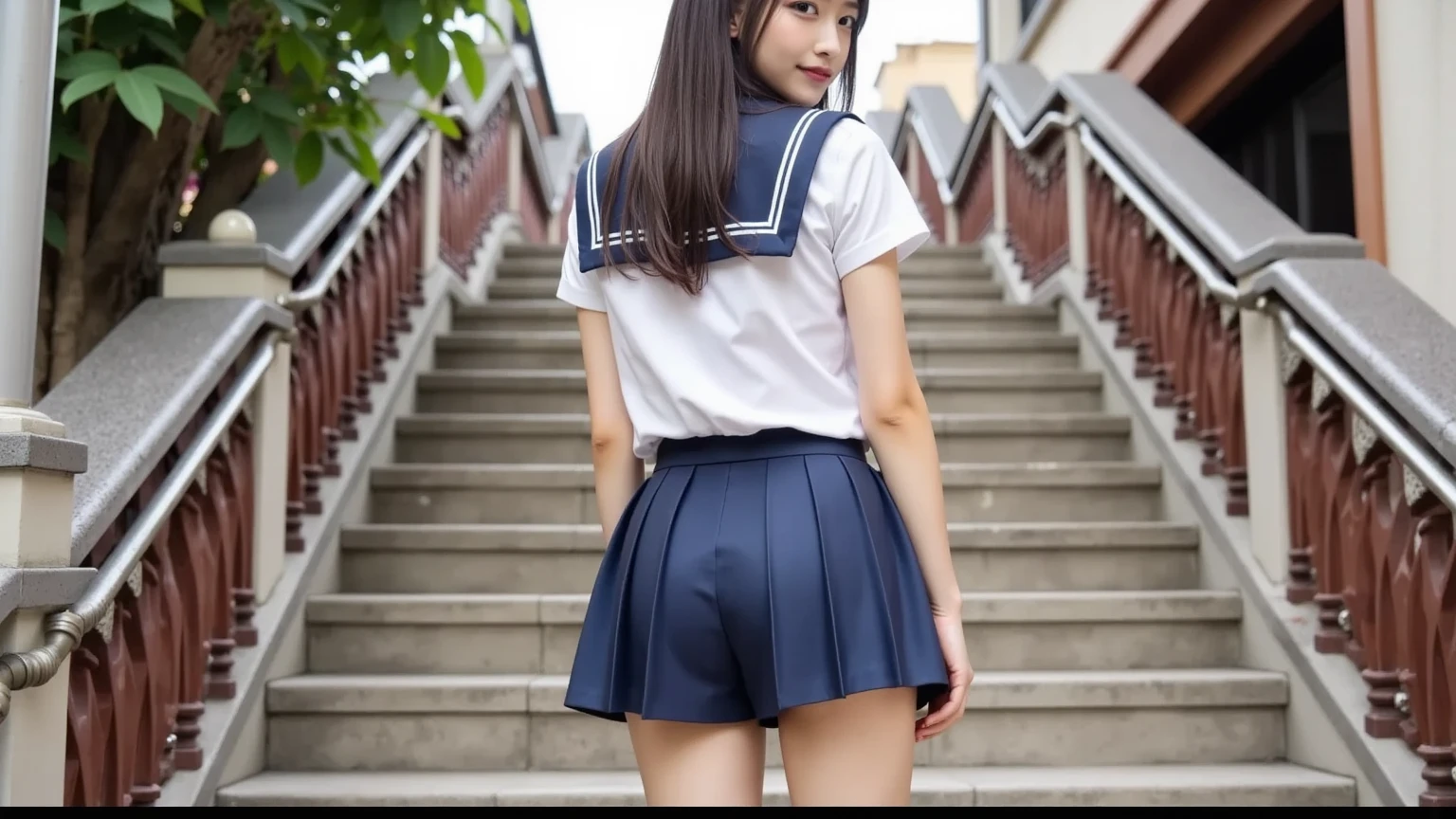 An ultra-high picture quality、Perfect Photo、japanese beauty girl、 student、girl's own room、(((a junior high school student)))、(((small ass)))、(((lower back)))、(((校服)))、(((a sailor suit)))、(((Raised mini skirt)))、Black Haired Beautiful Girl、Long hair、(((forward-bent posture)))、(((White panties are slightly visible)))、
