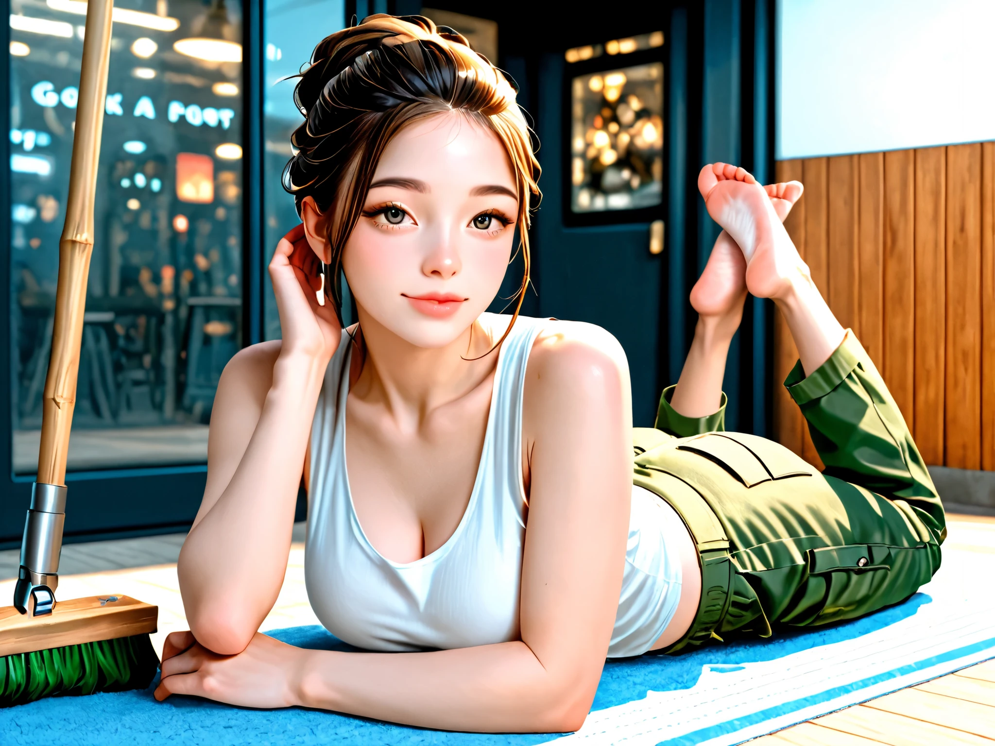 beauties、 Gold、The hairstyle is very short、white tank top、khaki cargo pants with goggles on head、brown boots、The pose is holding the right foot raised above the head with the left hand、The location is a large park