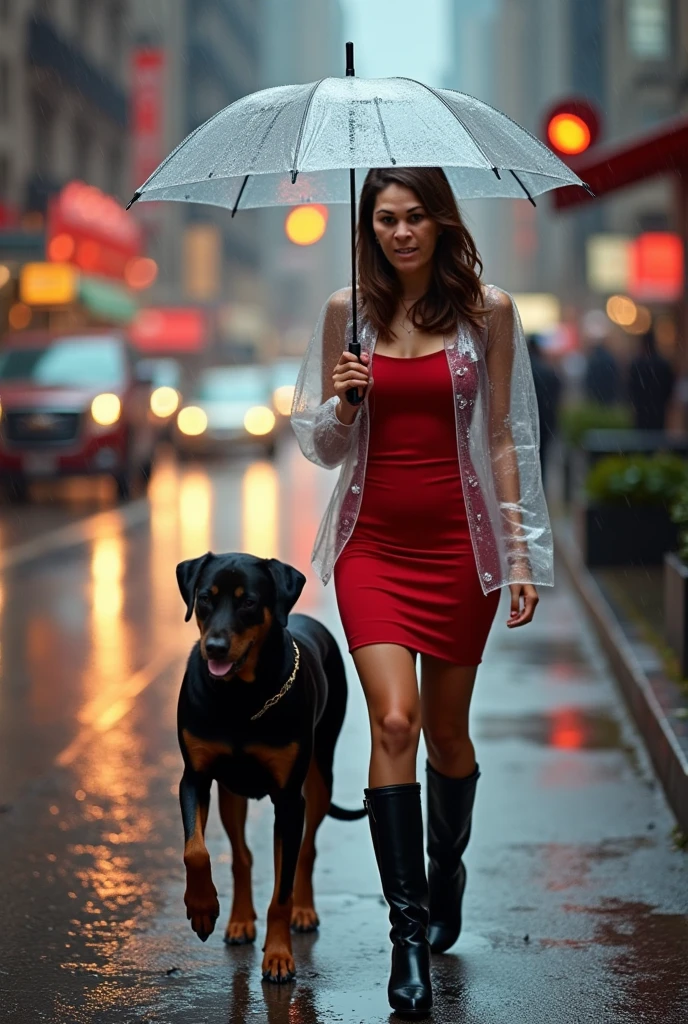 A girl passing a road with dog in rainy day