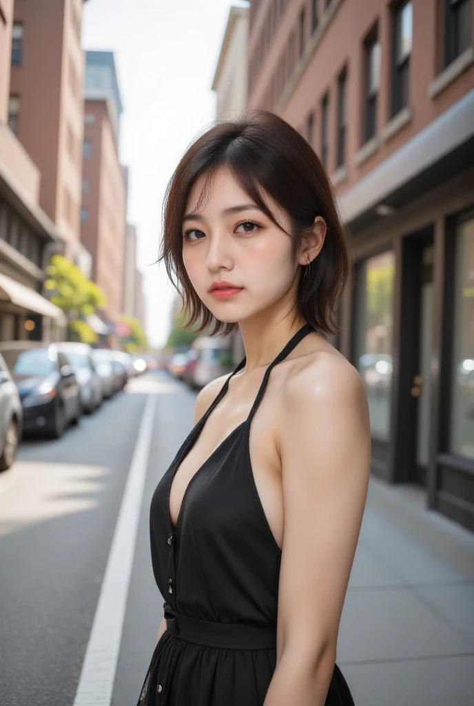 Bewitching eyes, well-balanced eyes, //street snap //fashionable clothes, //breast focus, ((facing viewer)), //at the street, //japanese lady, pale skin, gold short hair, //((standing)), high quality:1.3, Professional lighting:2.0 realistic:1.2, 4k resolution, detailed skin, masterpiece:1.1