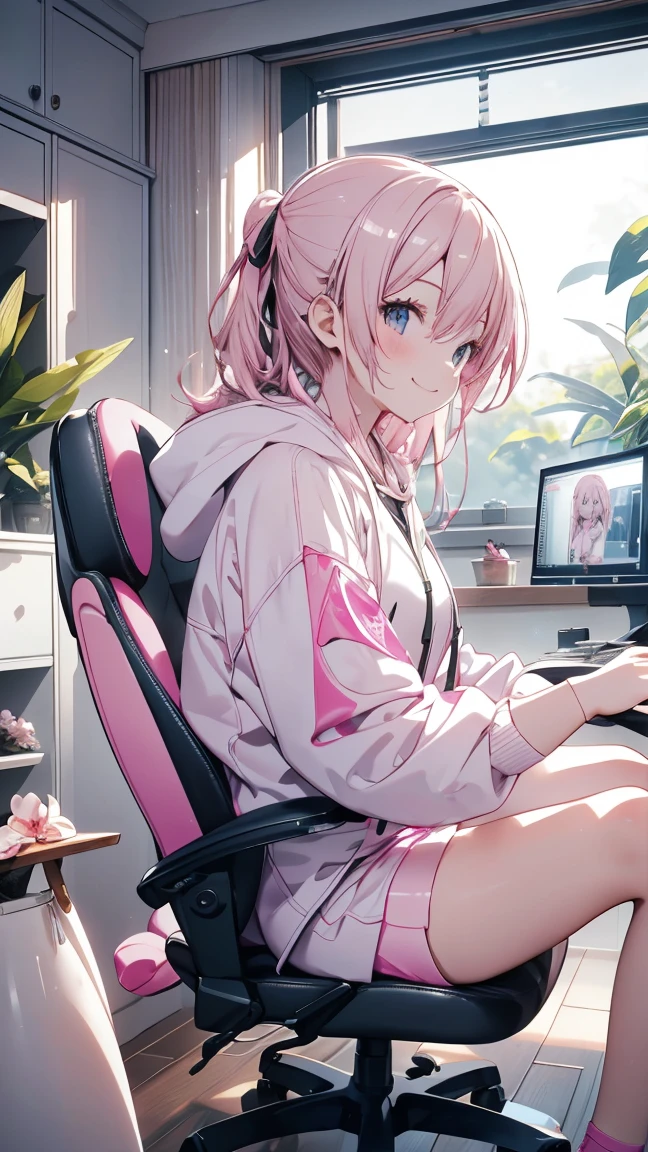 masterpiece 最hightquality hightquality One pretty woman a smile Energy Drinks gamingroom Delivery room darkened room Monitor Light inside in room parka checked skirt Medium Hair Game Distributor Gaming Chair sitting on