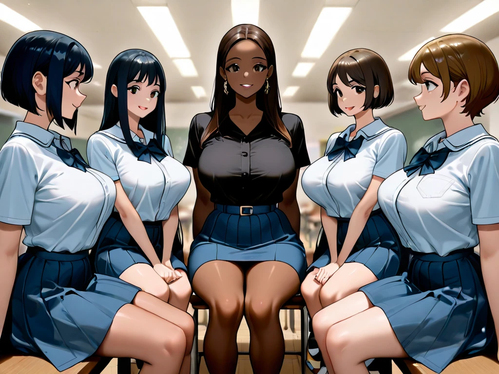 sexy woman, mature milf, big breasts, dark skin, curvy, nude, nipples, pussy, black hair, brown eyes, short cut, slick back, hairbun, glasses, shining skin, sweating, serious, standing, classroom, indoors, multiple boys, group of people (sitting), crowd, solo focus