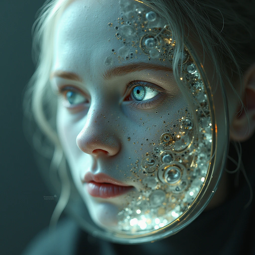 Photorealistic, (close up:1.3, exposed face), masterpiece、High-resolution 8K、colorful lights、sharp focus、detailed skin、top quality、Ultra-high definition、Ultra A high resolution、Extremely detailed、(detailed face and eyes、(face:1 2)、green eyes、almond eye)、(intricate metal embroidery on face)、(venomous、shiny lips) 、serius, realistic portrait, smooth photorealistic, perfect visual of a cute girl, cute girl with skinice soft face, face focus, makoto shinkai and artgerm, photon mapping, natural light, warm color tones, vivid colors, cool ambient, foggy atmosphere