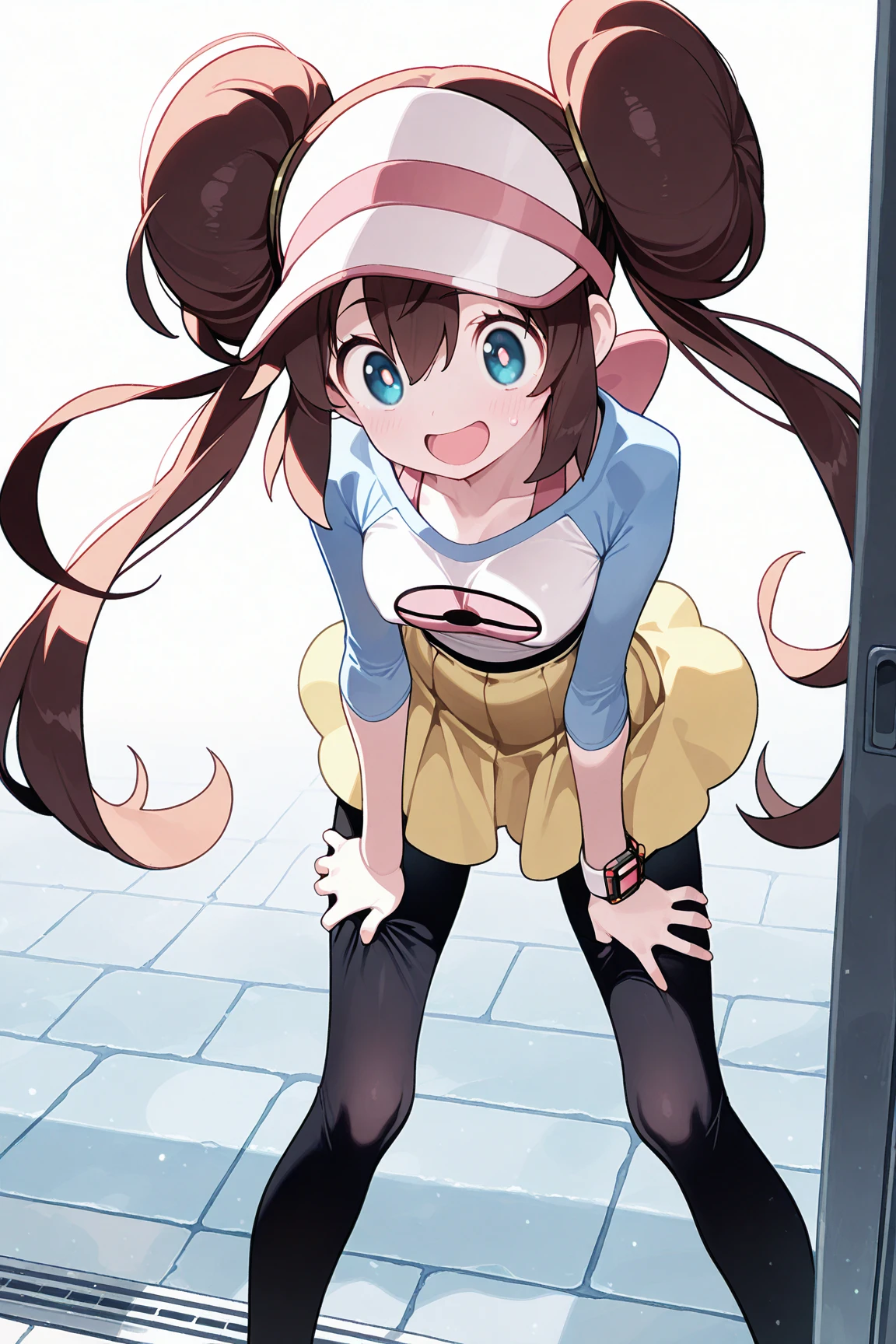 A girl with light skin, sexy, cute, leaders, long brown hair, her brown eye, wears a pink button-down blouse, shows her navel, and a short short blue skirt, black shoe, under view, from below, and she travels, flying, sky, city background.