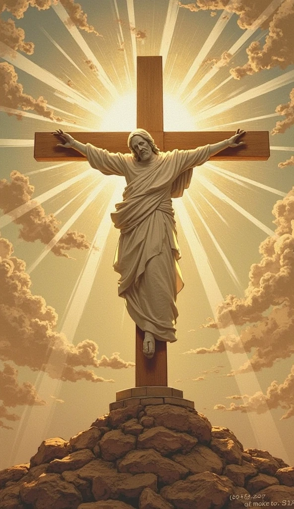 the cross,religious art,ancient Byzantine style,detailed wood carving,divine light,holy atmosphere,emotional expressions,ornate gold accents,dark background,symbolic elements,sacred heart,praying angels,heavenly aura,shadows and highlights,subtle textures,dramatic composition,expressive brushstrokes,vibrant colors,profound spiritual message,depth and dimension,Biblical narrative,meaningful symbols,eternal sacrifice,breathtaking masterpiece,inspiration for faith,reflection and contemplation