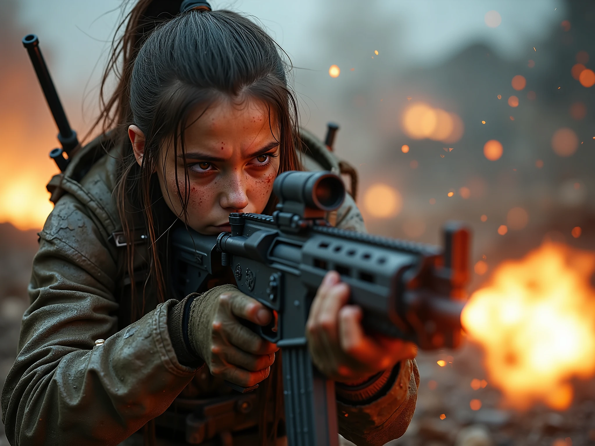 War photo, a beautiful young girl warrior aiming with an Ak47, heavy fighting on dart, in a dark fantasy world, battlefield burned down, war action artistic style, dynamic angle camera, extreme close-up, detailed rendering with volumetric light and splash of color, muddy, wet,