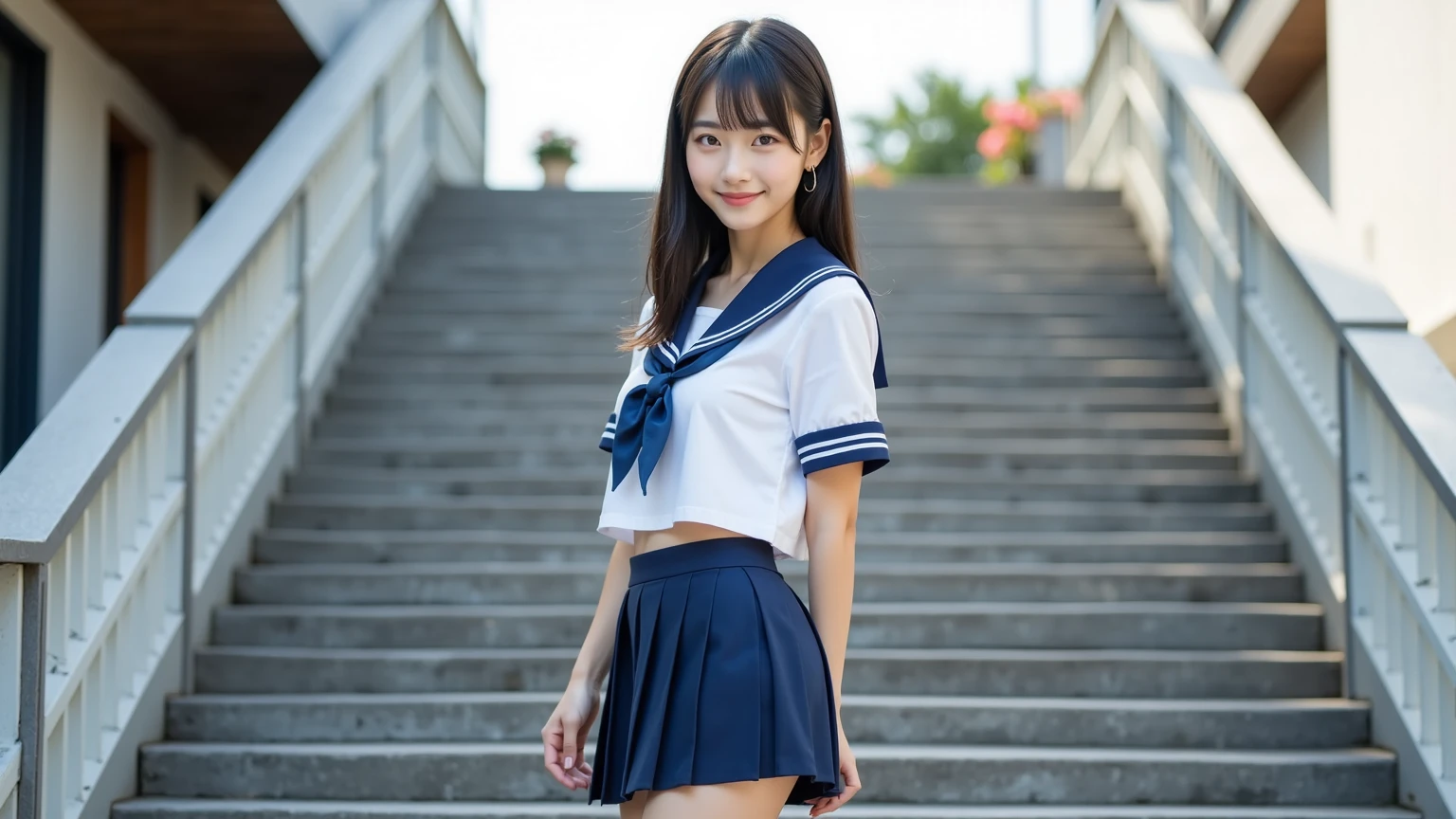 1girl, Japanese, age 16, short hair, large breasts, huge huge breasts, cleavage, underboob, smile, wearing school uniform, mini skirt, tight skirt, tight shirt, sailor color, Tokyo city, outdoors, street, from dynamic angle, city lights, ribbon headband, scrunchie, nsfw,