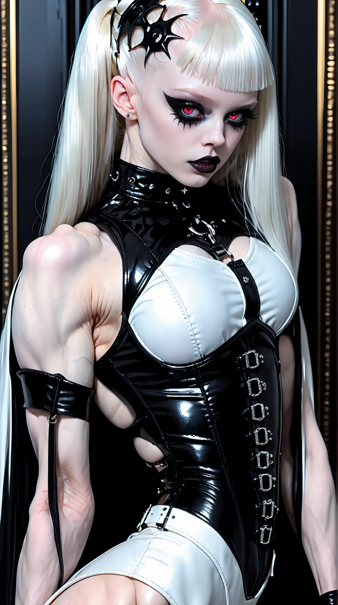 ((pale skin)), ((white skin)), brunette ((11 year old girl)), with long hair, with blue eyes, ((goth)), naked, defined muscles, six-pack abs, ((black lipstick)), black fishnet shirt, pink nipples, black choker, black fishnet stockings, black combat boots, pubic hair, moist labia