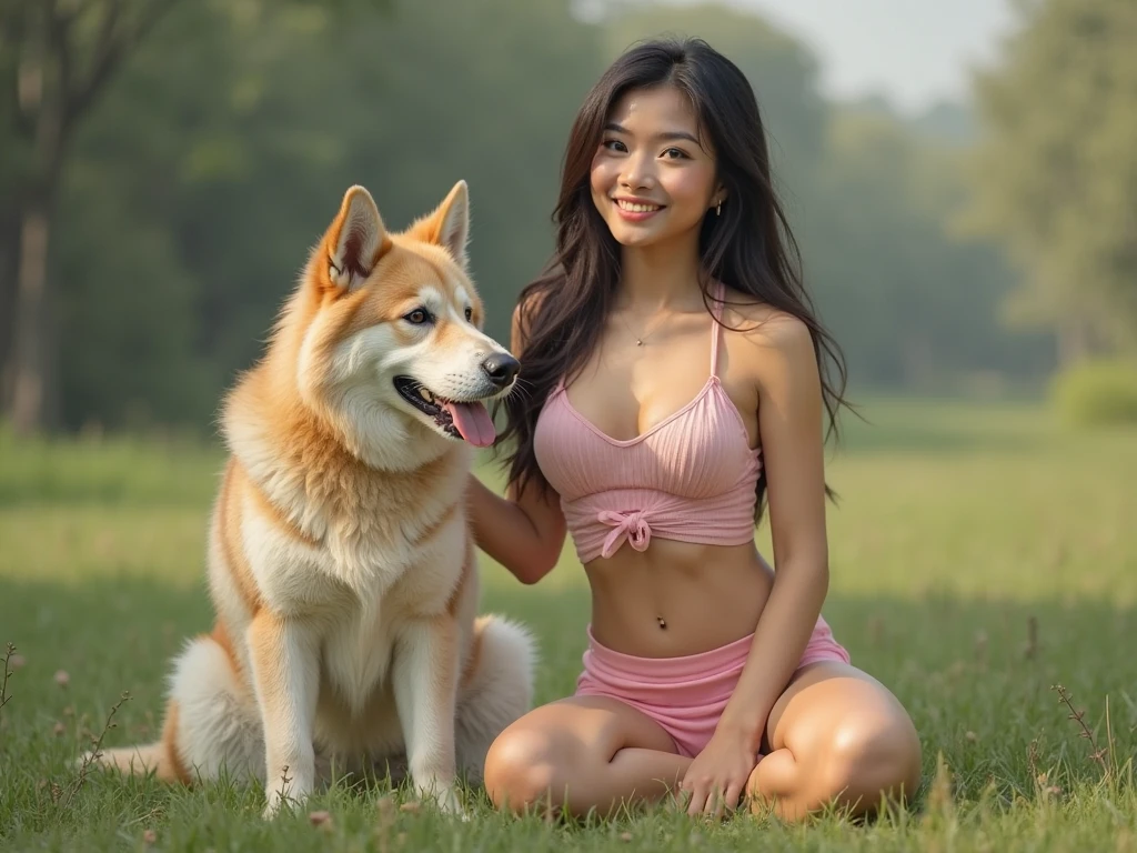 Beautiful Chinese girl, white skin, shaggy big breasts, huge breast, 23 years old, seductively smile, thick body, curvy waist, playing with a white a siberian husky dog, sunny morning, milky white skin, a butterfly tattoo on the back, a big flower tattoo on the thigh, there is a text tatoo says "King Abe" on the chest, white stringless bra, spread the legs, nakeness, full body, beautiful nail arts, thin pubic hair, wide open her legs, black hair, straight hair, sexy toe, wide camera, full body from toe to head