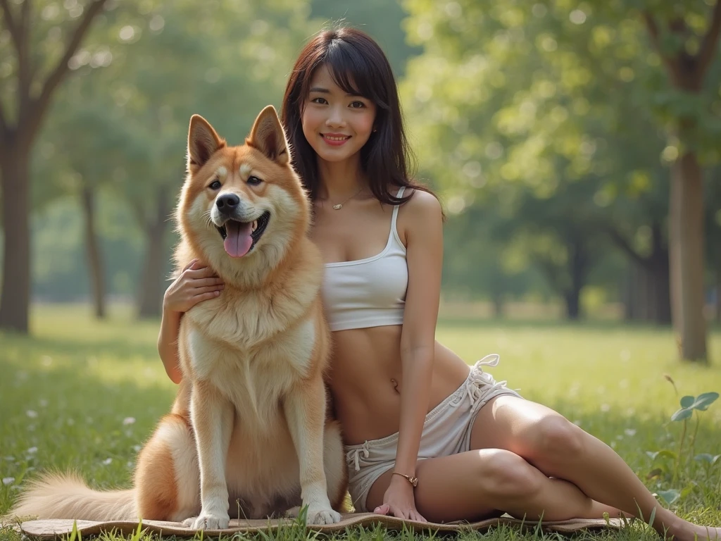 Best quality, masterpiece, ultra high res, in a rose garden, (photorealistic:1.4), sitting, a beautiful woman,),(( knitted mini thong)), (knitted green shirt), (with a little puppy), cleavage, hugging a small dogs, cute dog, dog lover, visible cameltoe, big breast, camel toe, pubic hair, curvy waist, slender abs, shiny white skin, smooth hair, seductive smile, bokeh, bottom view, open legs, focus on the pants