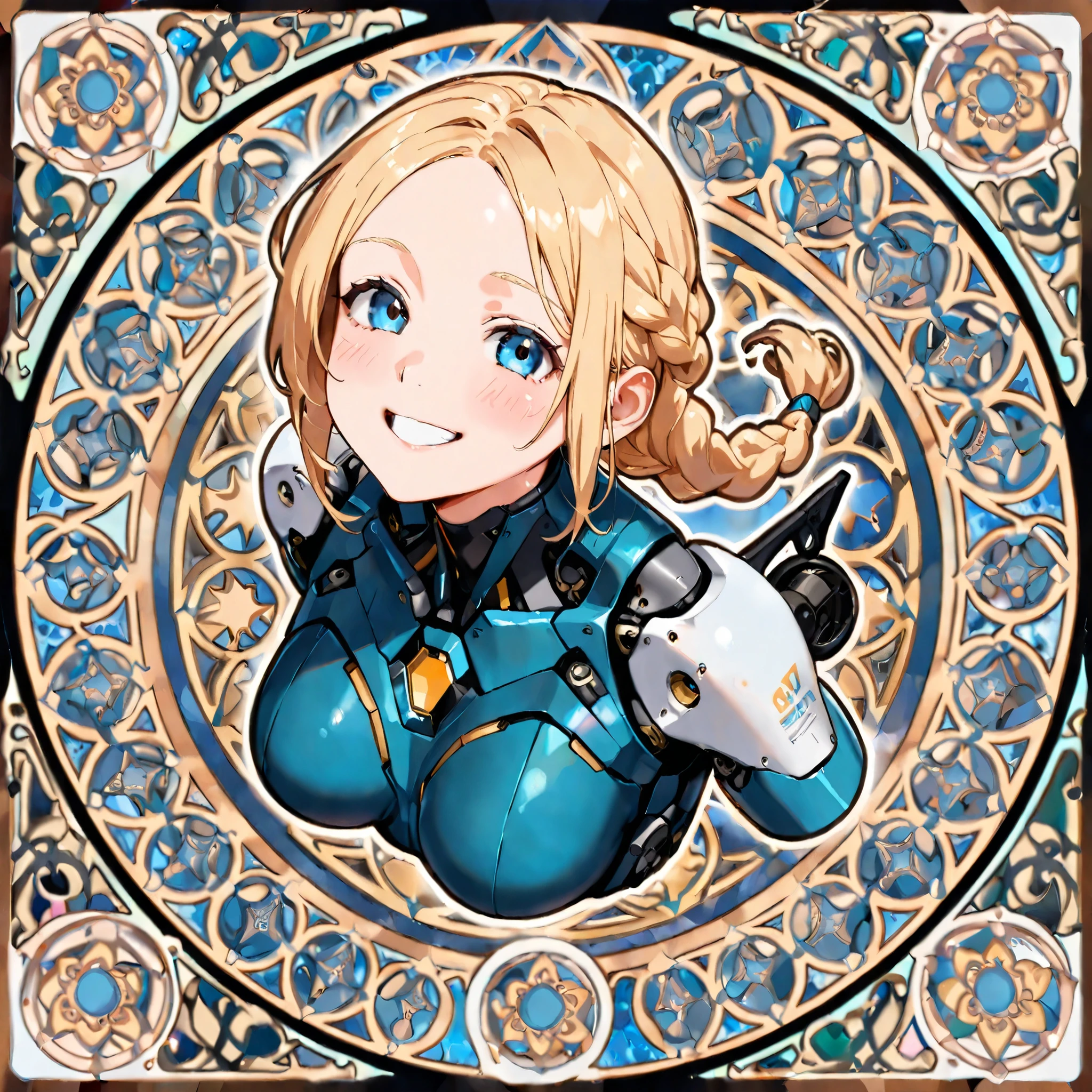 ((high definition symmetrical art)), aerial angle, ((mechanical, complex body)), ((huge god's weapon has female face's outline embedded, Art Nouveau, smiling)), blush, blond, braid, focus on breasts,