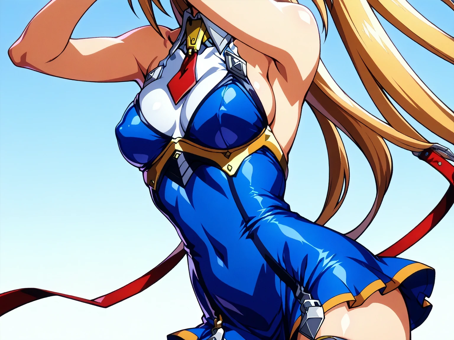 very long hair, blonde hair, ahoge, green eyes, forehead mark, blue bow, hair bow, detached sleeves, cleavage, one-piece swimsuit, high heels
