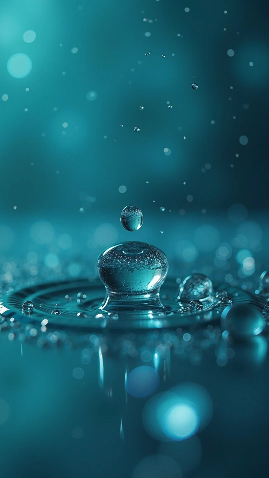 Ultra‑high‑resolution macro photograph of glistening water droplets suspended in mid-air against a deep teal and navy blue background. Each droplet is sharply focused, capturing light reflections, internal refractions, and tiny surface tension distortions. The droplets appear frozen in motion, as if caught during a delicate splash or in zero gravity, with some hovering close to the lens and others softly blurred in the background. The background is softly abstract and bokeh-filled, featuring a dreamy blend of aquatic tones and gentle sparkle. Color palette is composed of rich oceanic blues, soft turquoise highlights, and silver-tinted whites. Lighting is minimal and precise, with light sources positioned to create specular glints across each droplet’s surface without overpowering their transparency. The depth of field is shallow, emphasizing the crystalline clarity of select droplets while creating a sense of spatial layering. Post-processing includes selective sharpening, micro-contrast enhancement, and gentle vignetting to direct viewer focus. Visual tone is elegant, pure, and calming—ideal for modern minimalist visuals, nature detail studies, or luxury product aesthetics. Textural elements in the background evoke a sense of underwater mystery without distracting from the floating clarity of the droplets.