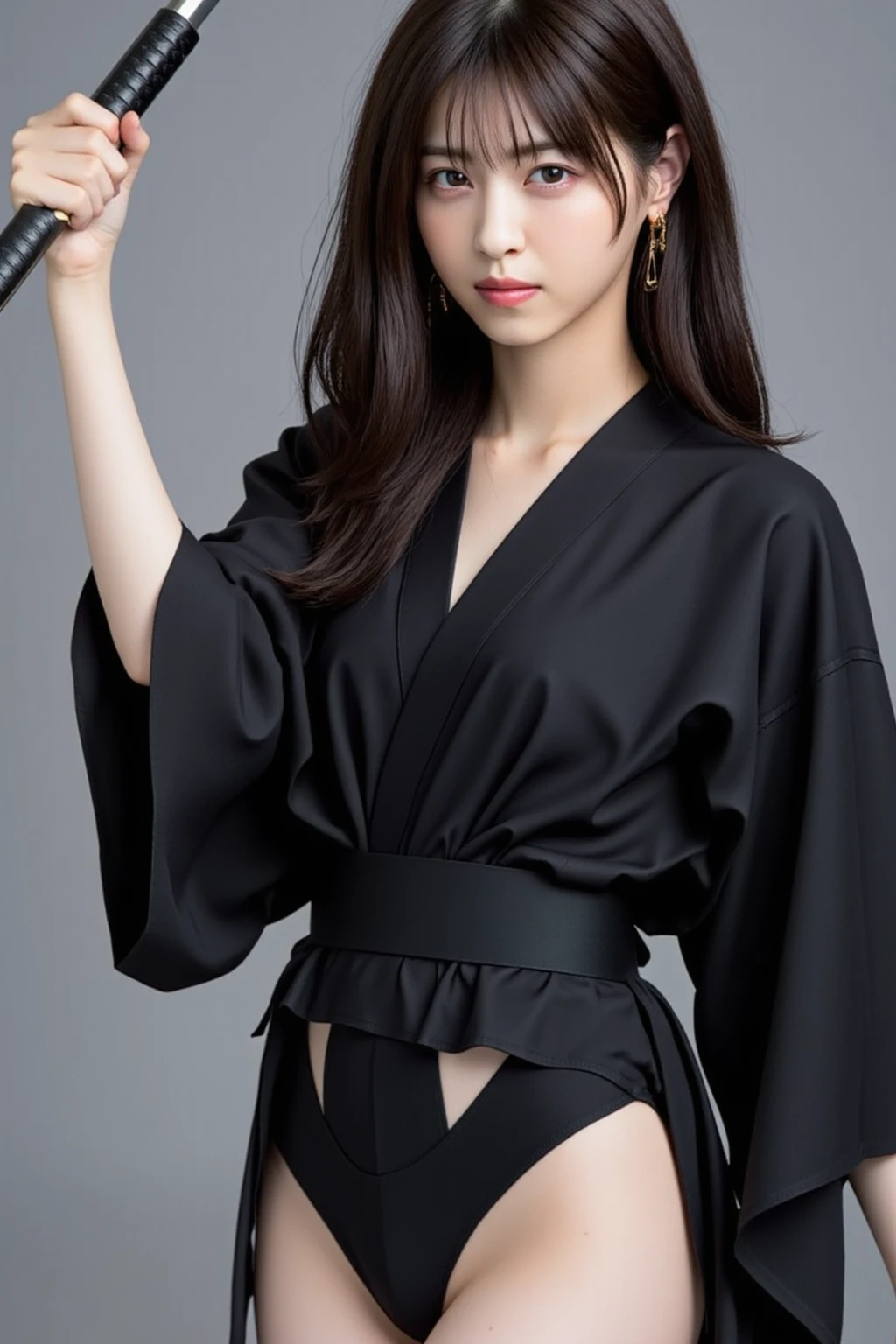 ((Wearing a black chafy kimono)), ((Huge: 1.2))), ((Quality: 8k, Big ass: 1.5)), ((Kunoichi)), ((Holding a sword)), ((Korean beauty)), ((Arasah: 35 years old)), (emphasizing cleavage), (Posing with the whole body)))), ((Wearing mesh clothes)), Garden of a samurai residence,