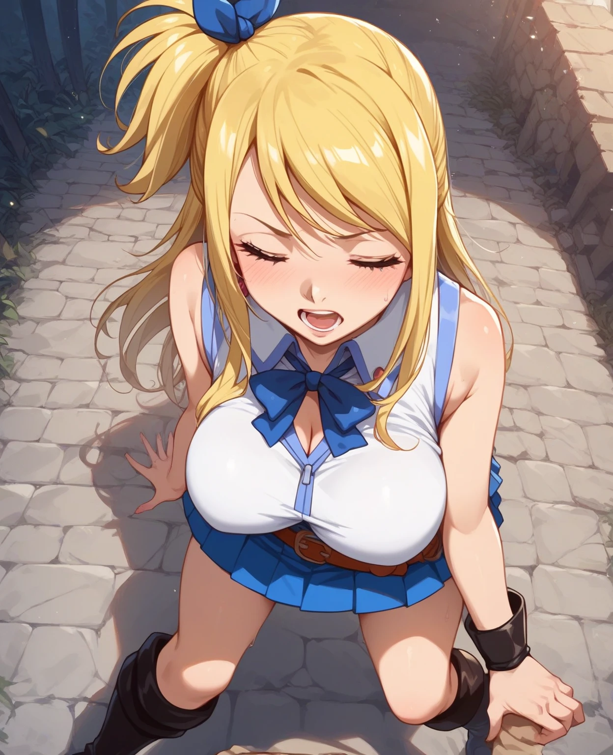 lucy heartfilia, blonde hair, long hair, large breasts, white shirt, sleeveless, belt, blue skirt, milf, motherly, mature female, big tits, mature woman, huge tits, milf, nude, super plump, nipples, shirtlift, sweating, blushing, grinning, licking her lips, tavern background, sitting on a chair, window sill, night time, ((best quality, masterpiece, high resolution)), detailed face, detailed eyes, (good anatomy), from front, close up, et vagina's, drooling vagina's, pubic hair, hairy pussy, inniepussy1, open_pussy, legs up