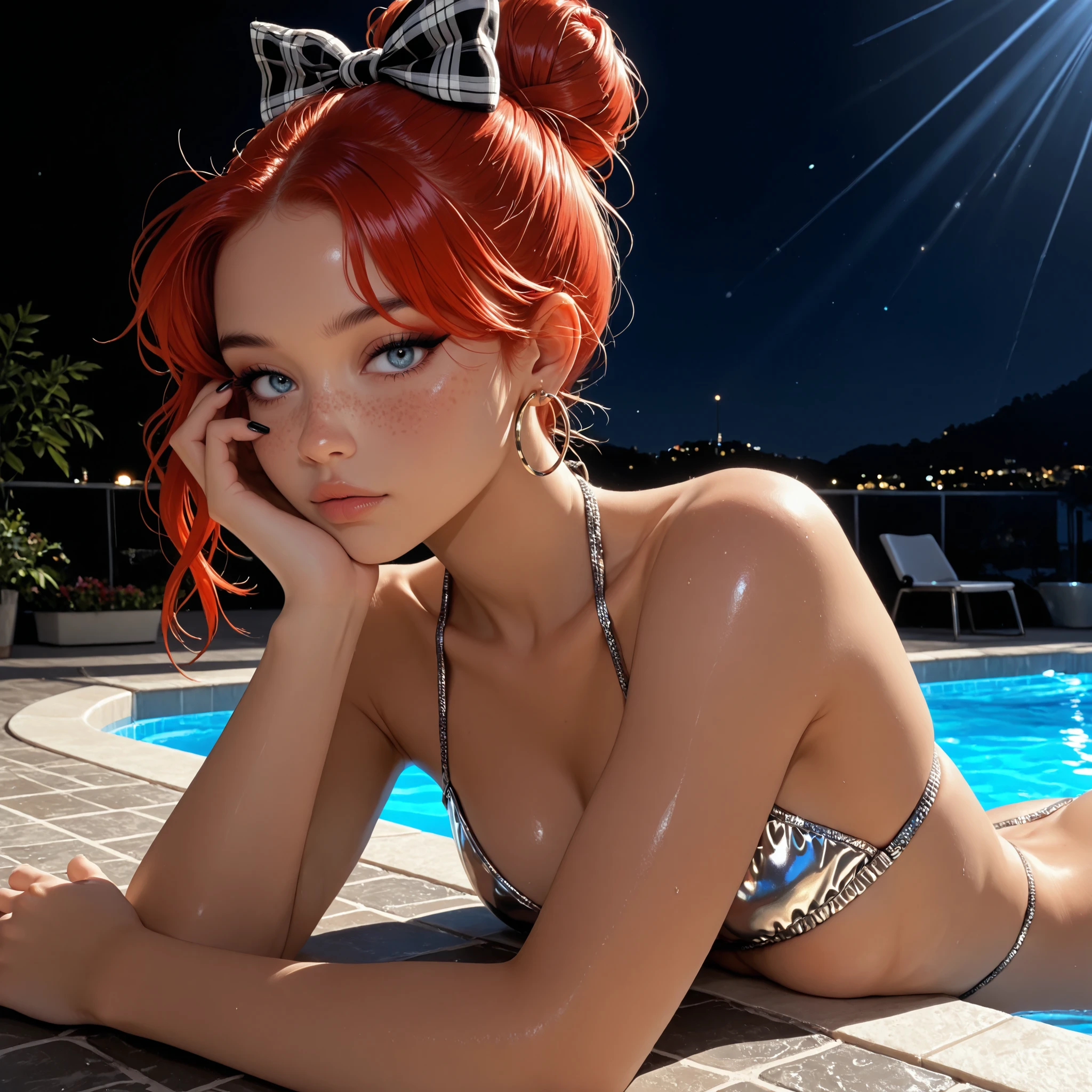 1girl, Solo, red hair, black nails, shiny metallic bikini, laying on stomach by pool at night, cute freckles, heavy eyeliner, view from side, High Resolution, looking at viewer, Bangs, plaid Hair Bow, Masterpiece, High Resolution, Anatomically Correct, Detail, High Details, High Quality, small round breasts, Hoop Earrings, Hair Ribbon, Jewelry, Hair Clip, Backlighting, Bloom, Cinematic Lighting, God Rays, Beautiful Young girl, Babyface, glossy lips, skinny, hairbun, influencer, model, blue eyes,
