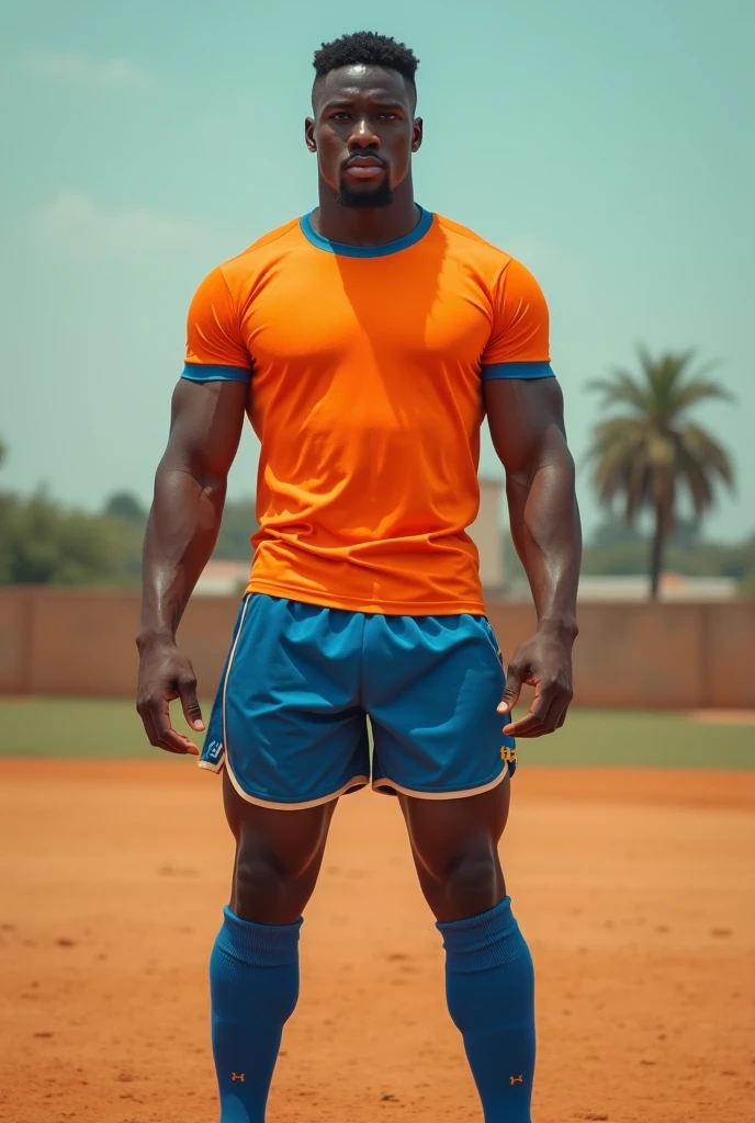 ad, commercial, catalogue, yellow background, bodybuilder, african american, full body, tattoos, sleeve tattoo, tattooed neck, tough guy, buzz cut, shirtless, short shorts, graffiti, sweaty