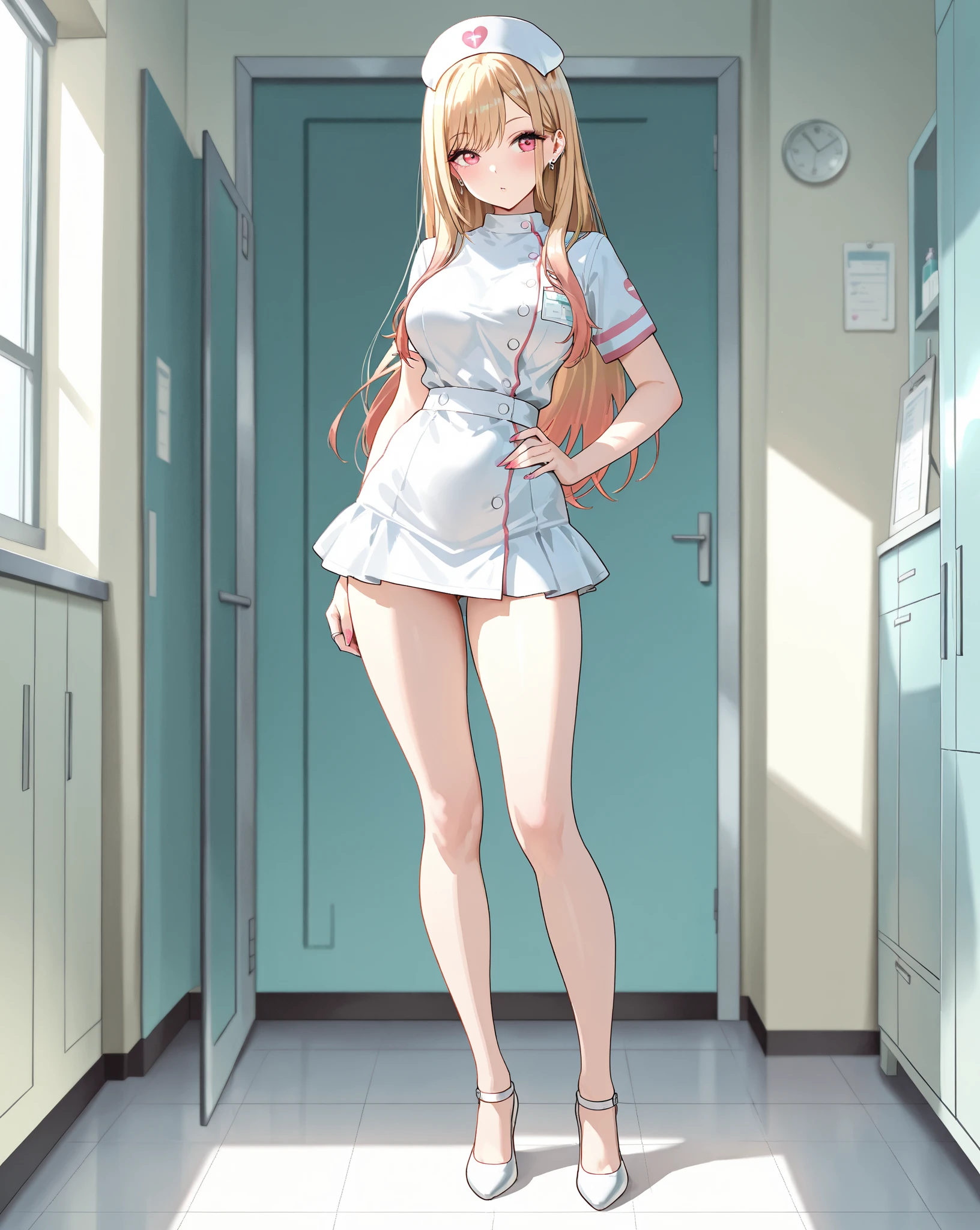1 girl, underwear, white hair, thigh, white_underwear,, long_hair, breast, White pajamas,unbuttoned pajamas,open income,navel,bare belly,eyes closed,eyes closed, exist_Back, In the bedroom, hindquarters, Bangs, split, blush,Lying on exist's bed,white,,white,Full body female love,arms open