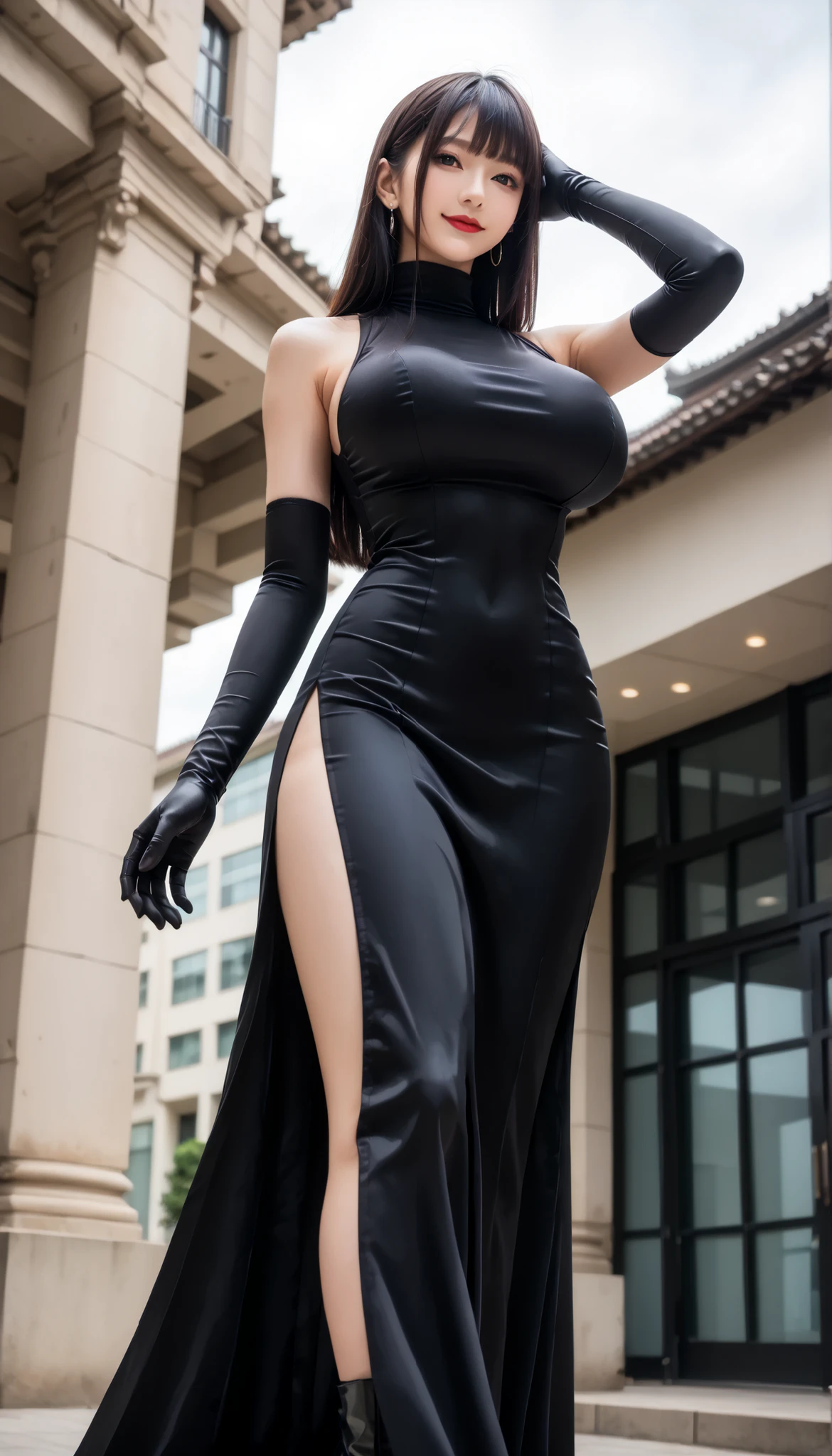 high resolution , 32K, masterpiece , best quality , beautiful face and eyes、I was particular about the details , A beautiful 20 year old Japanese woman , (Big Breasts:1.4),Xiaoyan,The bangs are flowing , black hair,straight long hair, enchanting smiles,is smiling,red lipstick,(black high neck bodycon long dress:1.4),(black side slit long skirt:1.4),sleeveless,(black opera gloves:1.2), (thigh high boots:1.2),(Black High Heels:1.2),( focuses on the whole body :1.5),beautiful side,(low angle:1.4),(Walking),I'm putting my hands behind my head