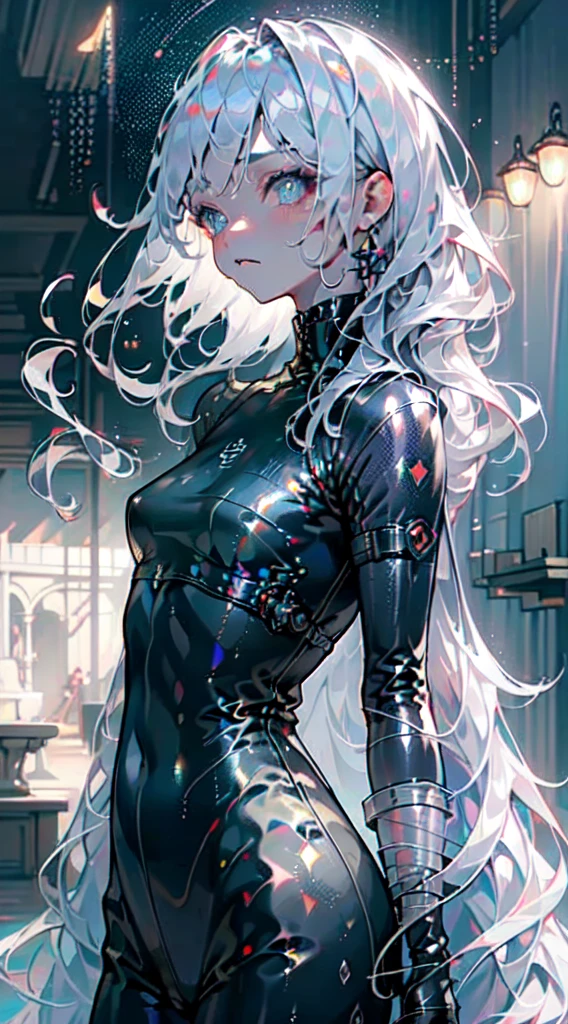 (masterpiece, best quality, ultra-detailed, best shadow), (beautiful detailed face:1.3), illustration, 1girl, solo, shiny, reflective, white hair woman with piercings and piercings, goth girl aesthetic, portrait of kim petras, she looks like a mix of grimes, 22 - year - old goth girl, grunge aesthetic!!!, grunge aesthetic, goth aesthetic, pale goth beauty, looks like a mix of grimes, pastel goth aesthetic, grunge aesthetic!!! latex, curvy body, bodysuit, demon girl, white horns, big breast, sexy body, white hair, white horns, pointy ears, freckles, blue eyes, RAW, 8K, UHD, candid, art style by Artgerm, by nine_(liuyuhao1992), by Yusuke Murata