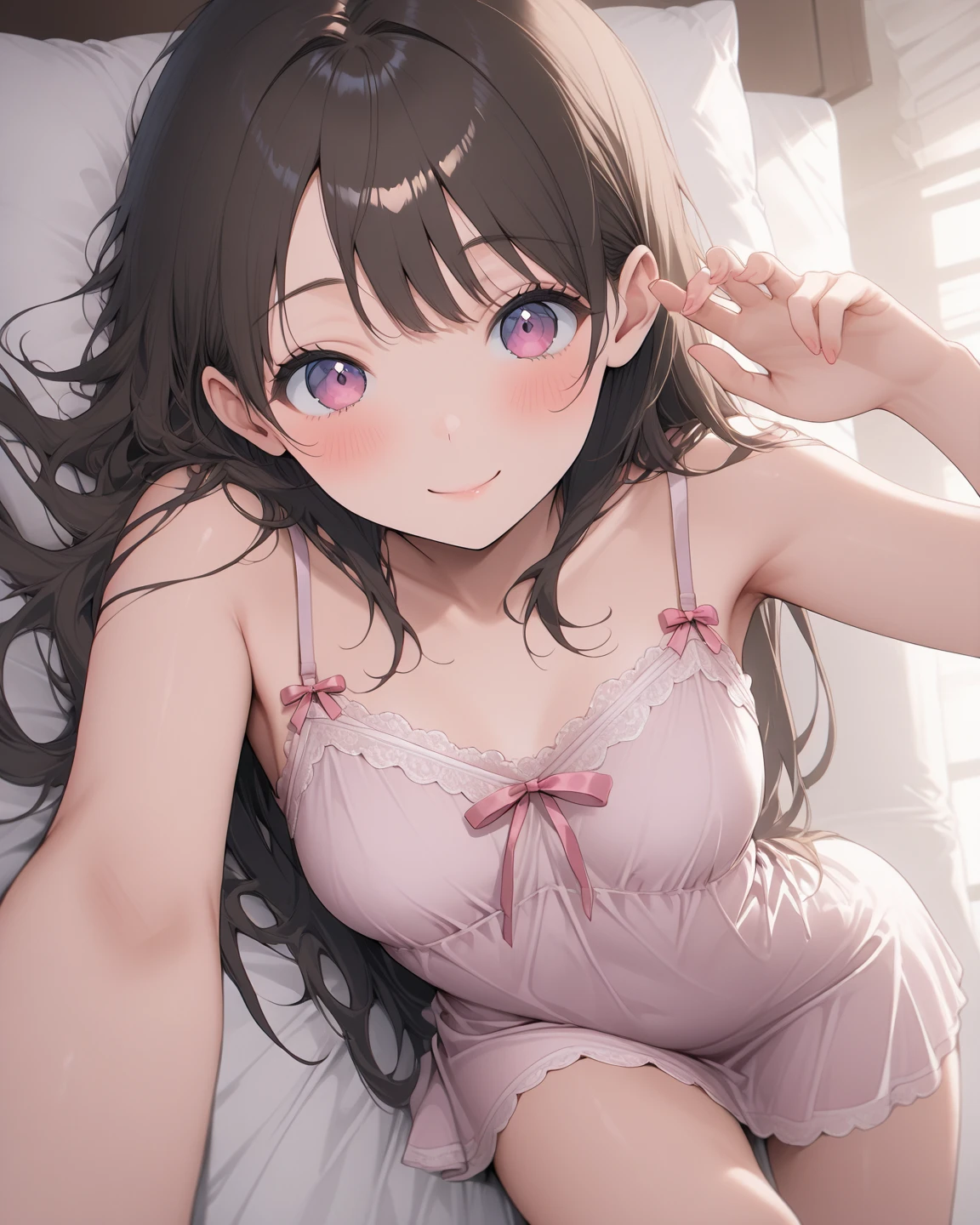 anime girl in lingerie laying on bed with her hands on her head, oppai, seductive anime girl, thicc, hanayamata, [ 4 k digital art ]!!, oppai proportions, , beautiful alluring anime woman, ecchi, with large breasts, big breasts!!, with a large breasts, big breasts! 1 wife belldandy nubile juvenile junior idol bookworm girl wearing hairclip cute lovable adorable tiny youthful innocent perky zellweger portman face middle-school girl energetic, loose hair, shy smile, exposed supple budding breast, unique face, blacke hair, jav actress, naked, immature, childish, acting super shy, delicate, weak, loving romantic vibes, in love, small short height, preparing for mating, dwarf girl noble queen short slim legs, mischievous, soft babyfaced gentle happy looking face, carefree, unblemished skin, otaku student president, grin, braids hairstyle, naughty, teasing, awkward short girl, pitite lityle dainty diminutive, shougakusei shoujo, excited, hyperactive girl, skirt, small shoulders, slim arms, acting spoiled, sch0olgirl bangs, small breasts,  fashion trendy beautiful beautiful beautiful girl, gentle and attractive beautiful girl, 10 years oldnd sexy collarbone, Attractive oval face, double eyelids, smart peach blossom eyes, pink lips, small nose, bare shoulders, ultra high definition, super detail, fresh and impressive, spreading smooth slim legs, ballerina body, plain girl bikini top, buxom body, portrait picture looking at camera, backless evening gown and high heels, spaghetti strap top, milky white breasts, song hyekyo, provocative smile