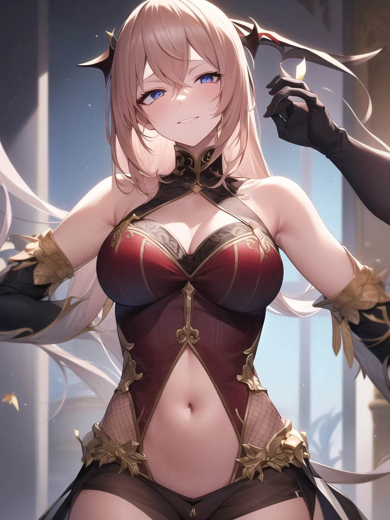 masterpiece, high quality, 1_woman, (upper body), standing, (Caucasian skin_complexion:1.4), mature, tall, beautiful, exotic, long black horns on head, long hair, red hair, flowing hair, detailed face, having diamond shaped eyes, light blue colored eyes, (stoic eyes), looking away from viewer, ((dark_eyeliner)), (eyeshadow), long_eyelashes, (hand on hip), red lipstick, ((smirking)), (large_bust), (wearing collar around neck with an blue gem embedded in it, NSFW, dark (((diaphanous dress))), chest window, navel window, seethrough clothes, breasts, nipples, pussy, bare_shoulders, black elbow gloves, black thigh highs, ((thigh_gap)), natural dynamic lighting casts detailed shadows, on a theatre stage, in rustic brothel, spot lights, ((Dark night)), Portrait, color difference, Depth of field, dramatic shadows, Ray tracing, Best quality, Cinematic lighting ,official art,