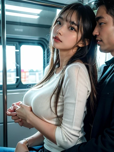 1girl, 18 years old, (8k, RAW photo, best quality, masterpiece: 1.2), (fine facial features, facial details, fine skin texture: 1.2), (head up, mouth open, deep breath, eyes closed, look enjoyed, blush, flush: 1.1), (subway car), (realistic, photo realistic :1.37), cute,, lots of male surrounding: 1.1, (girl open legs kiss old man: 1.4), professional lighting, movie lighting, object texture, Open long trench coat, stockings, erotic lingerie, bare thighs, physically based rendering, super high resolution, (bare huge breasts:1.3)