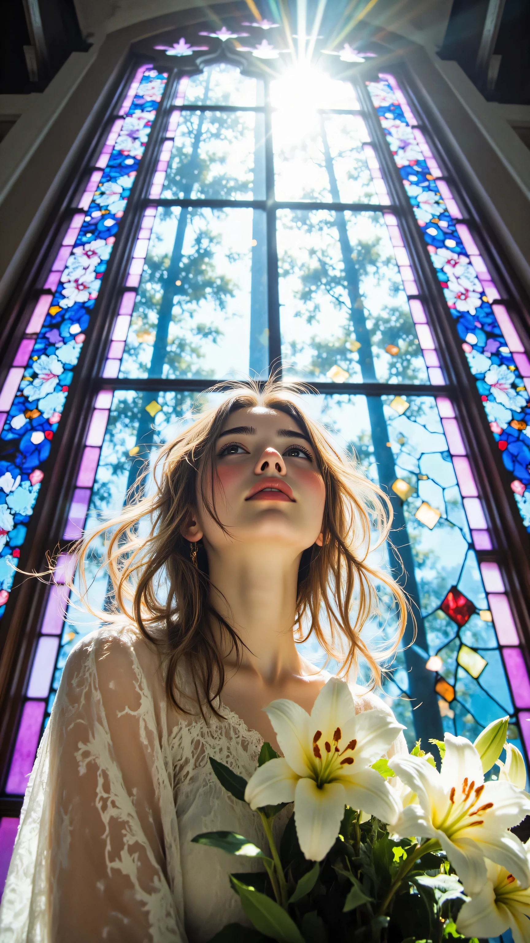 8k, Masterpiece, Top Quality, Medium shot, low angle looking up. Woman looking up towards light, serene hopeful expression, soft pink lips. Pale blonde wavy hair. Holding bouquet, large white lilies. Wearing flowing white sheer blouse. Standing before huge luminous stained glass window, geometric patterns, radiant blue and purple light. Bright divine light streaming through stained glass window, illuminating figure.