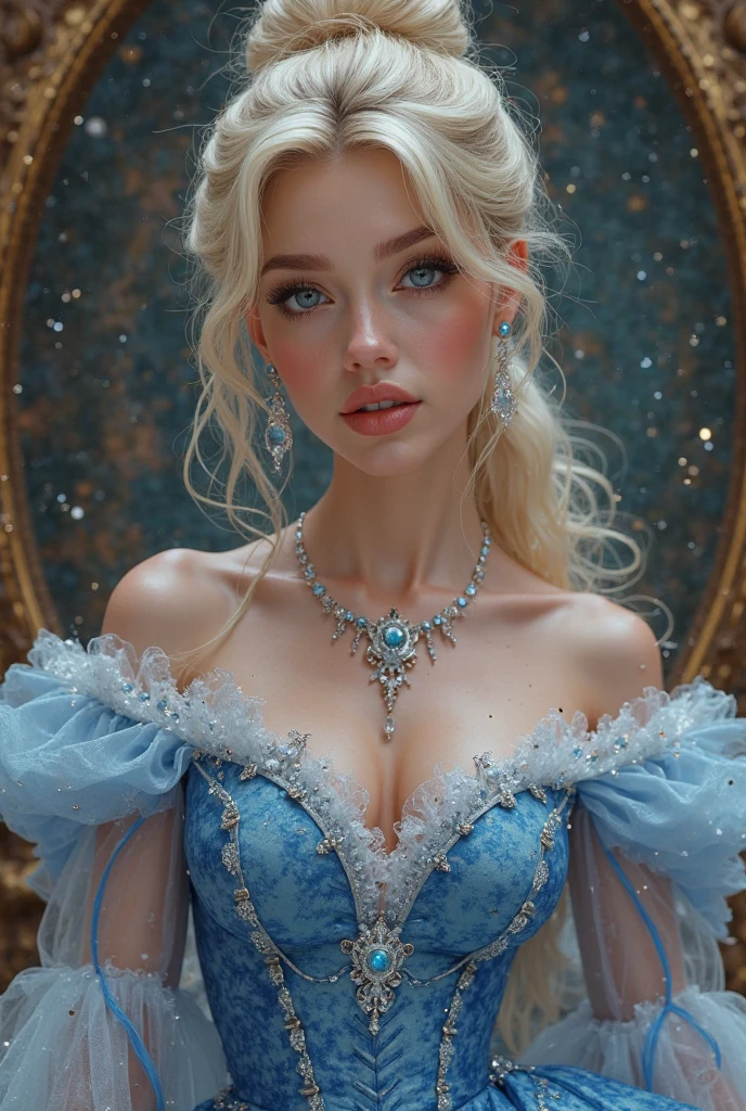 (completamente desnuda), (full shot),(small breasts), (Slim body), High-quality, detailed portrait of a blonde princess with flowing blue dress and tiara, oil painting, elegant castle background, soft and warm lighting, detailed floral patterns, royal jewelry, realistic, oil painting, detailed eyes, flowing gown, tiara, elegant, royal, warm lighting, detailed portrait, blonde hair, castle background
