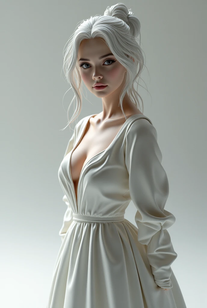 there is a back view of a nude woman with a white hair and a white channel hair, pale woman, distant full body view, profile pose, soft outlines