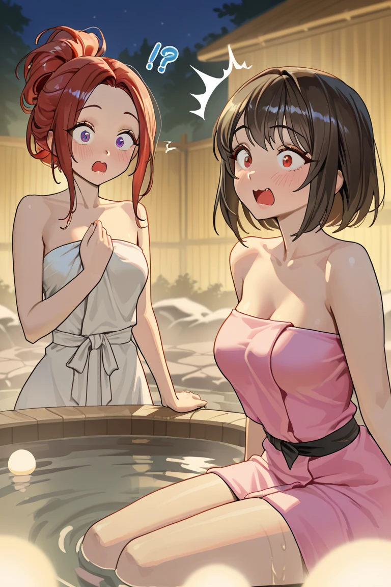 (((wrapping_bathrobe))), moonlight, stary_sky, red_hair, beautiful_hair, beautiful_eyes, 1_beautiful_girl,shy_face, cute_face, beautiful, best_quality, good_anatomy, belly_body, big_voluptuous_body, onsen, night, steam, moon,ultra_quality