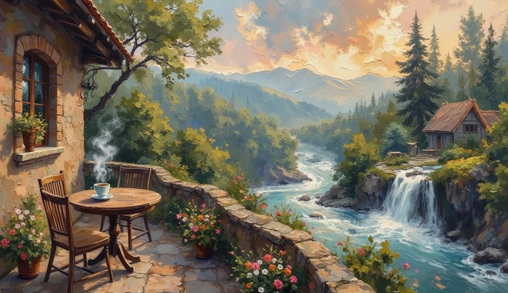 "Creating an expressionist painting based on bold, textured strokes oil painting flat color impressionistic  by michael garmash A chair, a simple wooden table with a cup of coffee (emitting a small white smoke) in the balcony yard of a small house next to a poetic river. Outside is a winding river originating from above the forest with water flowing down mossy stone steps. Looking further is a primeval forest with many beautiful flowers and wildflowers in the landscape, it is raining, white clouds flying. The image is very detailed, sharp, .,perfect alluring intricated ,  Scenery in background, dreamy theo prins art,  , style of Casey Baugh , style of Pino Daeni 'Highly detailed landscape , elegant and serene,  Pastel color palette, textured paper effect, dreamy and opulent atmosphere, 8k resolution."