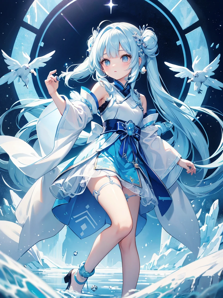 Sitting on the crescent moon、A spaceship with a cute rabbit face、Star Fairy、(((One girl)))、Lower Body Shot、Focus on the boots、vtuber half body、Star Fairy、「Beautifully printed galaxy patterned kimono and gothic ta outfits.、Space Pattern Ruffle Box Pleated Mini Skirt、Frontal portrait、Knee-high boots、Captivating eyes、Perfect and amazing face、Exquisite detail、Clear images、Highest quality。」Milky white and blue gradient straight long hair、