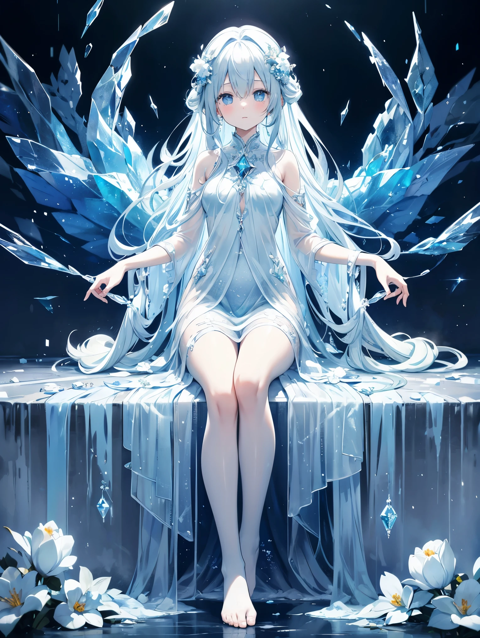 ice blue long curls condensing cream flowers,translucent blue veins flowing under translucent skin,Light crystal moss with bare feet,ice crystal stockings reflect tens of millions of prismatic twists in the fog