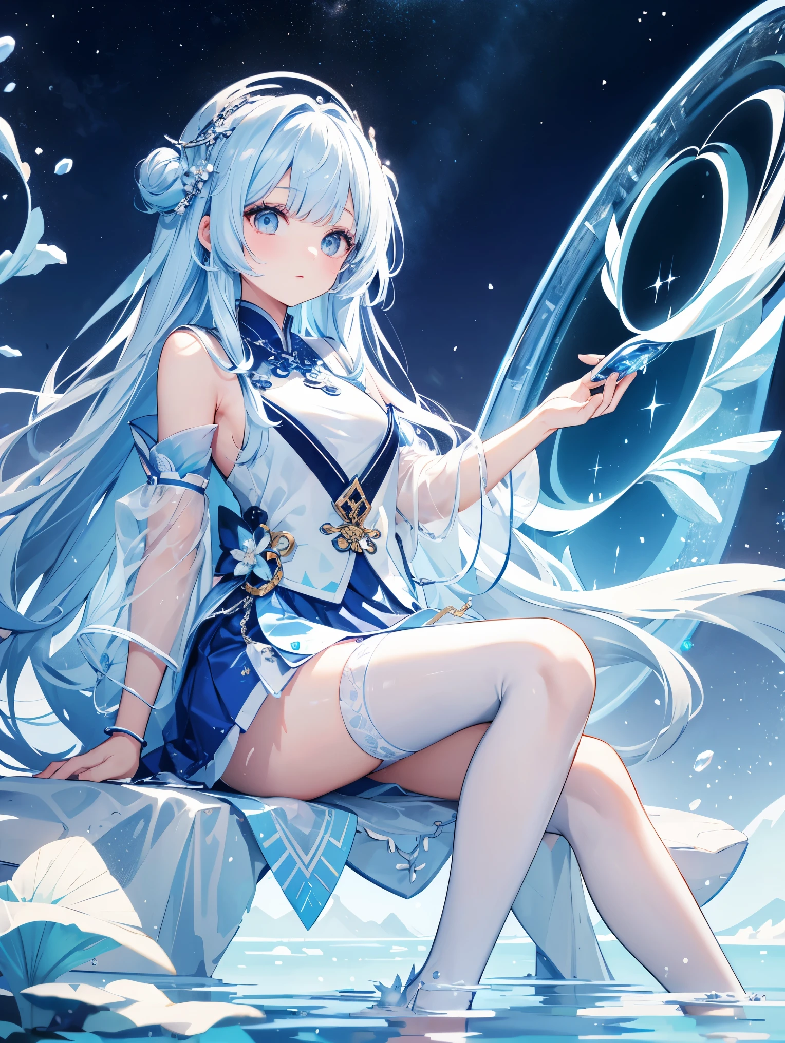 Xueqing Hime's hair style bangs with ice edge hair chains,Lashes condense ice crystals,iridescent stockings reflect another mirror of myself at the bottom of the lake,Touching the ice surface causes aurora ripples