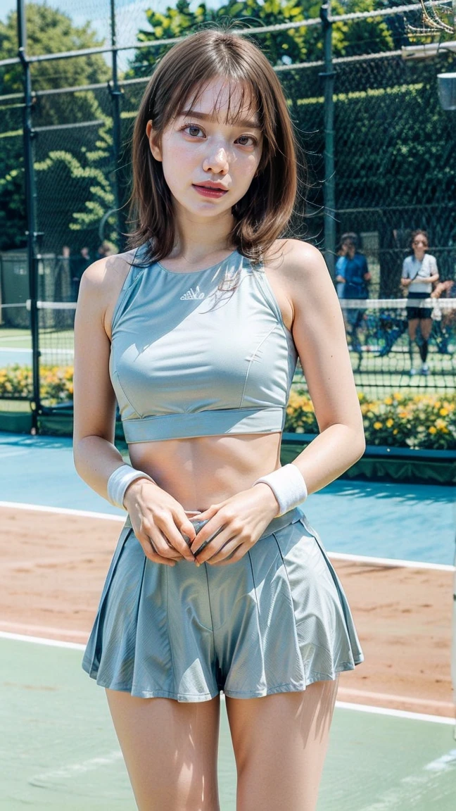 Neat college girl, petite person, (skirt, sports bra), outside the athletic field, (slim), photorealistic, detail, skin texture, ultra detail, delicate sexy collarbone, smile, super detailed face, detailed lips, detailed eyes, small breasts, small, small breasts, small, flat breasts, flat