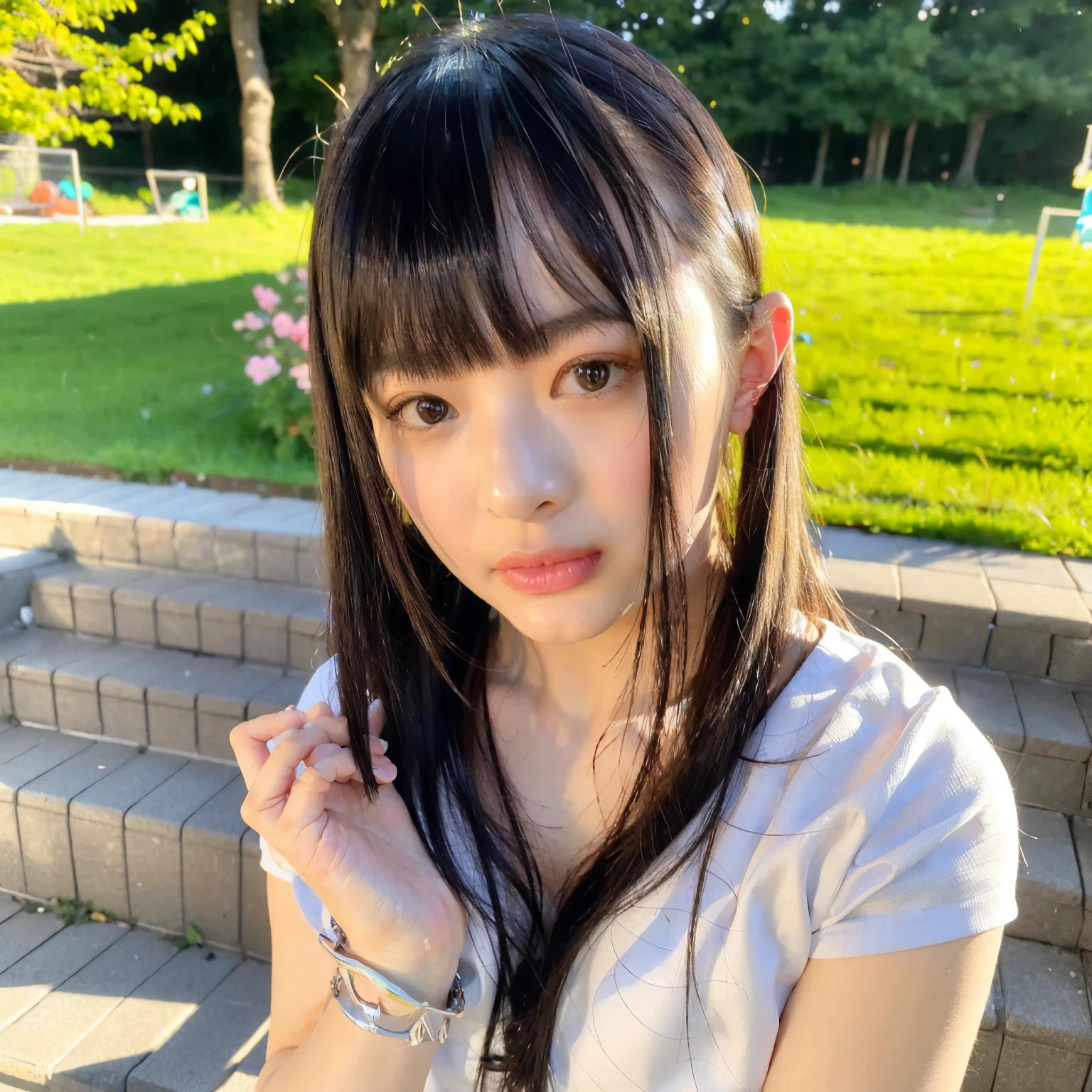 masterpiece, best quality, ultra-detailed, illustration, portrait, over, jewelry, long hair, solo, lovely black dress, flat chested, ((hanni1)), (in garden), (stairway), (bangs), no makeup, cute girl, beautiful hanni , happy mood, sunny, best quality, ultra highres, (photorealistic:1.2), (depth of field:1.1), (looking at camera:1.1), jean material shirt, black hair, short hair, brown clothes, solo, 1 girl, medium chest, in garden, bokeh, soft light, bloom, perfect body, perfect anatomy, photoshoot, clean face, pale skin, clean skin, (1girl), hanni, 水着 白