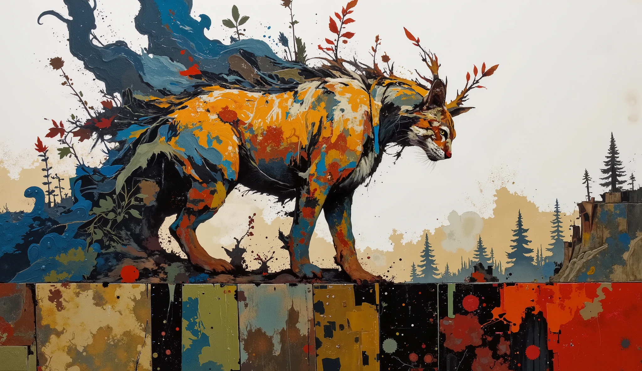 modern collage, use natural pigments and leafs and flowers to make a representation of a spirit animal, a cougar, in an ethereal representation made of smoke and montain vegetation, , color palette: Button Blue, Dark Yellow, Peridot, UE Red, Carmine