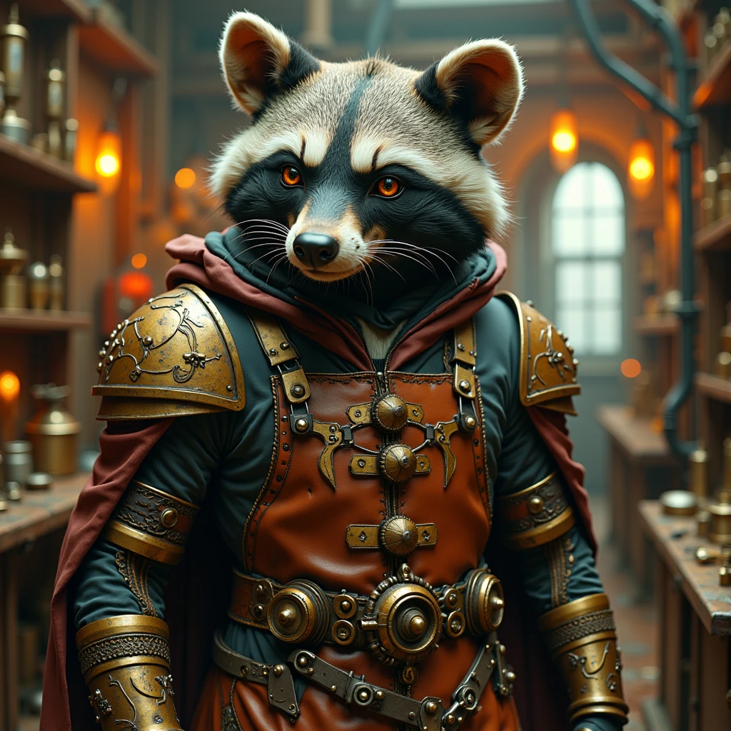 (masterpiece, best quality, 8k resolution, ultra-detailed, coarse fur texture, sharp focus), **Detailed Steampunk concept art.** A tenacious anthropomorphic Honey Badger inventor, **stocky, powerful build** with **distinctive facial markings**. Its **formidable claws** are augmented with intricate brass and copper mechanical extensions, gears visibly whirring. Wearing a heavy leather apron over practical Victorian-era garb, covered in grease stains. Surrounded by complex clockwork contraptions, pipes emitting steam, and glowing vacuum tubes in a cluttered workshop. **Warm, sepia-toned color palette** dominated by brass, copper, dark wood, and deep browns, with occasional bright blue/green glows from tech. Gritty, industrious, slightly chaotic.
