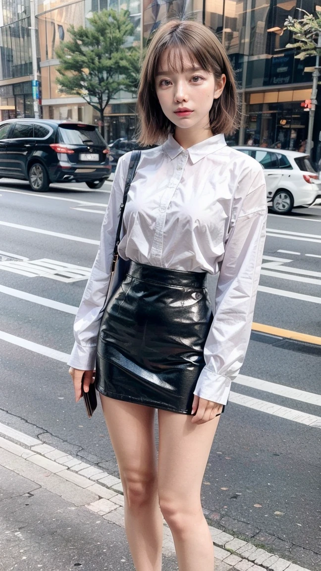 Beautiful woman, fiddling with cell phone in the middle of the street, short clothes