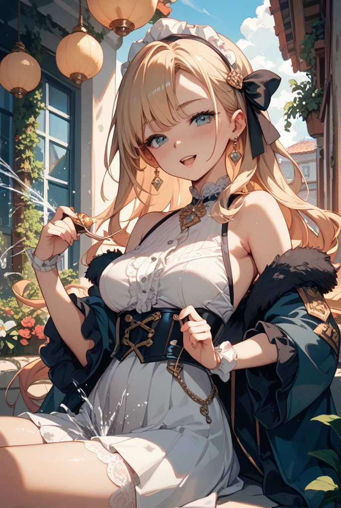 masterpiece, best quality, highres, hmmisaki, long hair, symbol-shaped pupils, +_+, large breasts, white gloves, elbow gloves, white thighhighs, smile,　　Shoulder bag　Cleavage　　Earrings, necklace, clavicle, Off the shoulder, Knitted dress, Short sleeve, White knee socks, street, Are standing, Cowboy Shot, smile, wave hands, Open your mouth, In town　　panic++++　　Embarrassed+++　　Excited+++　　Be upset++++　　(Embarrassed:1.6) 　(Embarrassed:1.6)　　　(Blushing:1.4)　　(rain:1.6)　bad weather　　rainに打たれる　　大rain　typhoon　　Wet clothes　Clothes stick to me　　Wet Hair
