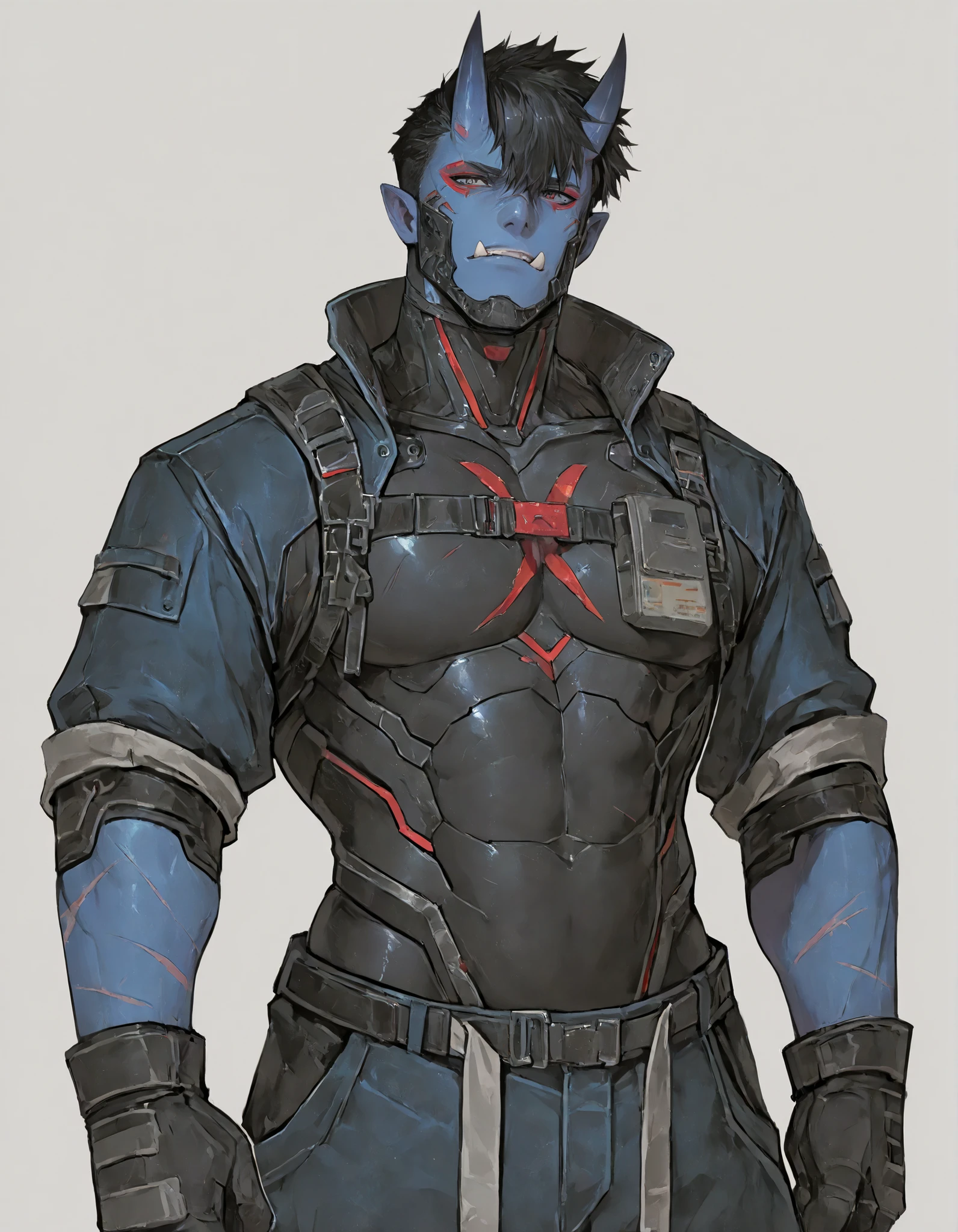 masterpiece, newest, absurdres, high detailed, solo, male, blue skin, tusks, oni tusks, scars, athletic, short hair, oni, yokai oni, oni horns, ripped, red eyeliner, black hair, cyberpunk, buggy pants, black skinsuit under armor, armor on chest, cyberpunk implants, mechanic jaw, white background, front view,