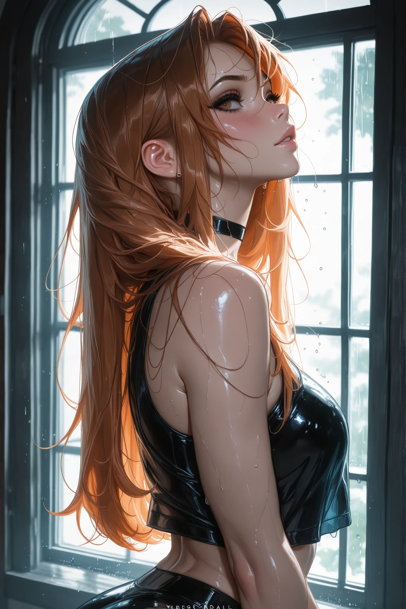 (tangobat:0.7),(Sakimichan:0.7),(High CT quality,4k,High resolution,main piece:2.3),(Very detailed,Realistic:1.37,Best quality,masterpiece, high resolution,on_body), (Tyndall effect,photorealistic, Edge lighting, Two-color lighting),(high definition skin:2.3), (8K UHD, DSLR quality, soft lighting, high quality, surround lighting, sincere, de 8K , 4K, 8K.)
The girl is standing at the window outside, the window is covered with raindrops. her hair is wet. On the background: rain.