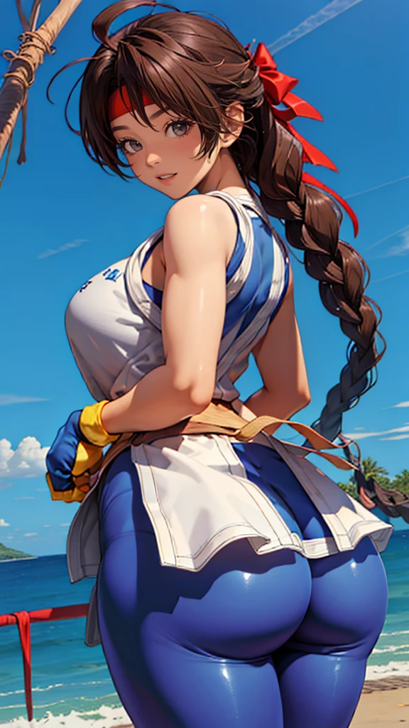 masterpiece, best quality, defmallow, twintails, hair flower, hair ornament, grey overalls, sleeveless, topless overalls, grey shorts, large breasts, looking at viewer, cowboy shot, :D, waving, forest, blue sky, ((tanned skin)), mature woman, 25 years old,