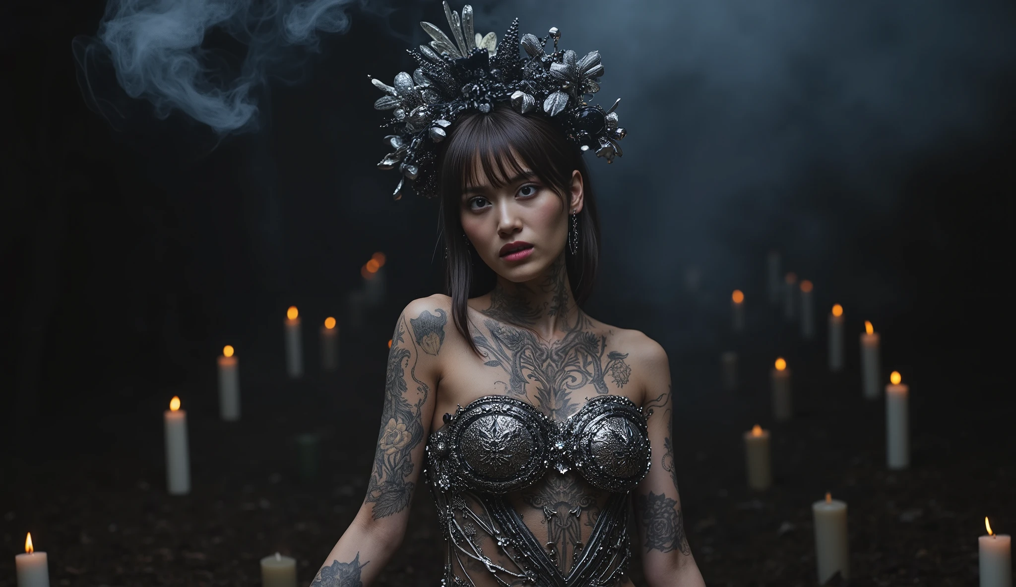 Editorial type front art photo of a young woman with extraordinary beauty , 23 years old, latina, Mexican, Sensual and attractive expression , realistic details of the body , Average height, long legs, slender body, Katrina on the Day of the Dead , strange posture , thick magical smoke rising from all over her body , Mysterious; full body art hybrid (( organic symbiosis of silver threads and silver race fused with silver jewelry all over her skin )) silver and obsidian vines , (Shine) joyería de plata de diseño intrincado fusionado con tatuajes y race negros ceñidos al cuerpo desnudo, silver jewels in the shape of bones and beaks , punk style, rock, vestimenta dark (race) 1920s High Society and Haute Couture dress ; black and silver senpastilles on the head(a type of celosia)floral ornament ; gloomy vibe, Mysterious, Sad, dark, night , Ruth's costume, organic. (( focuses on the symbiosis of silver vines in the skin )) fondo night dentro de una mansión abandonada en otoño ( At night) randomly shaped candles and、many fireflies flying in the foreground and background.